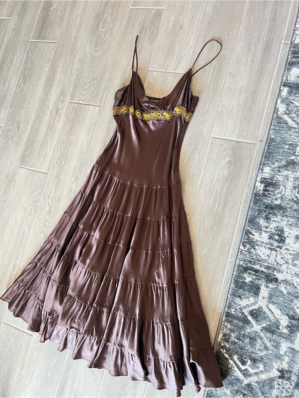 Betsey Johnson Brown Maxi Dress with Yellow Embroidered Waist